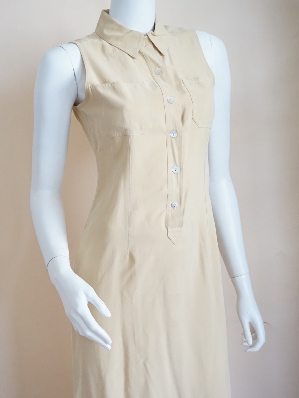 Petite Sophisticate 90's Tan Silk Sleeveless Shirt Midi Dress - Size 2